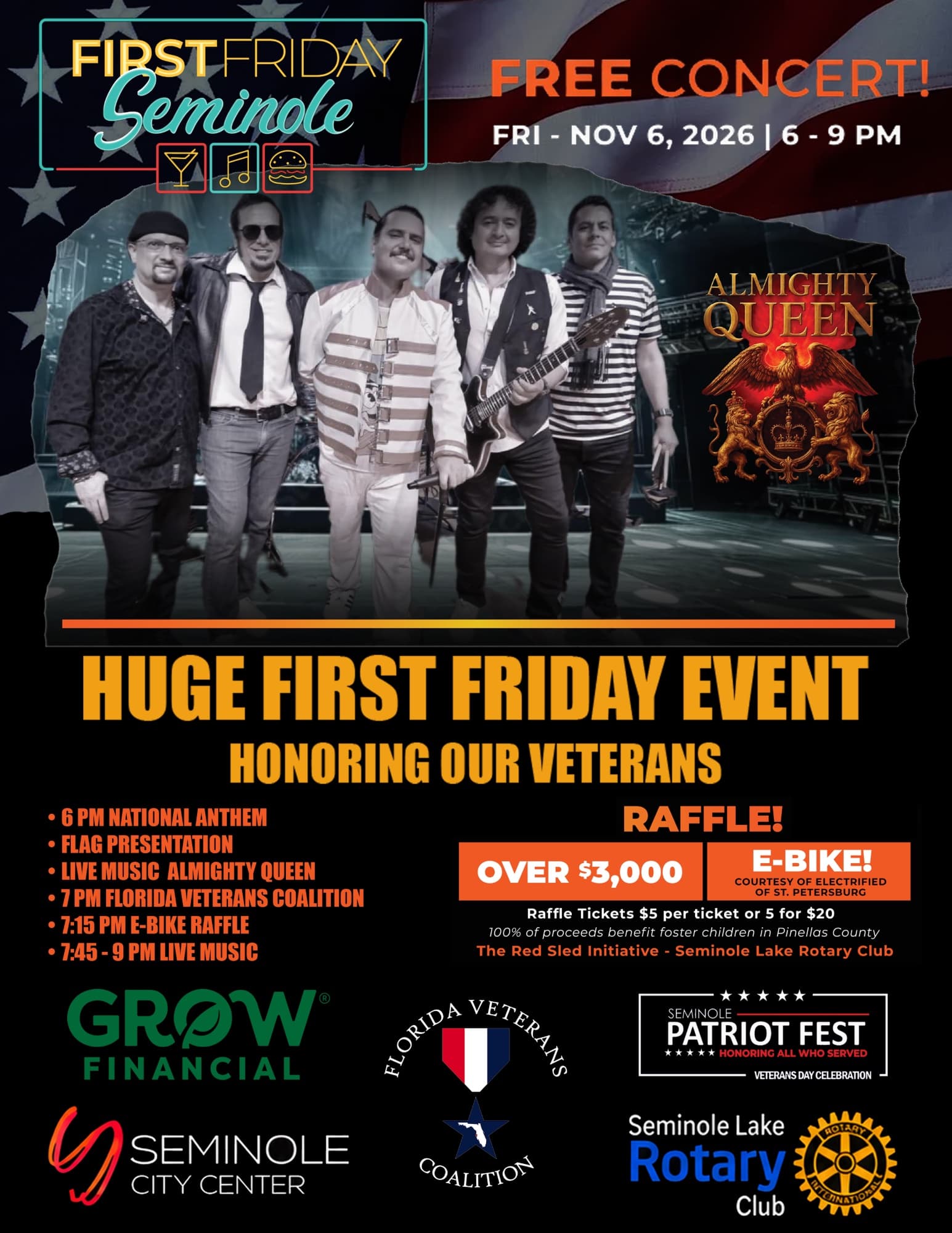 Seminole Patriot Fest flier: free First Friday concert with Almighty Queen, Friday, November 6, 2026 from 6 to 9 p.m., honoring our veterans with an E-Bike raffle